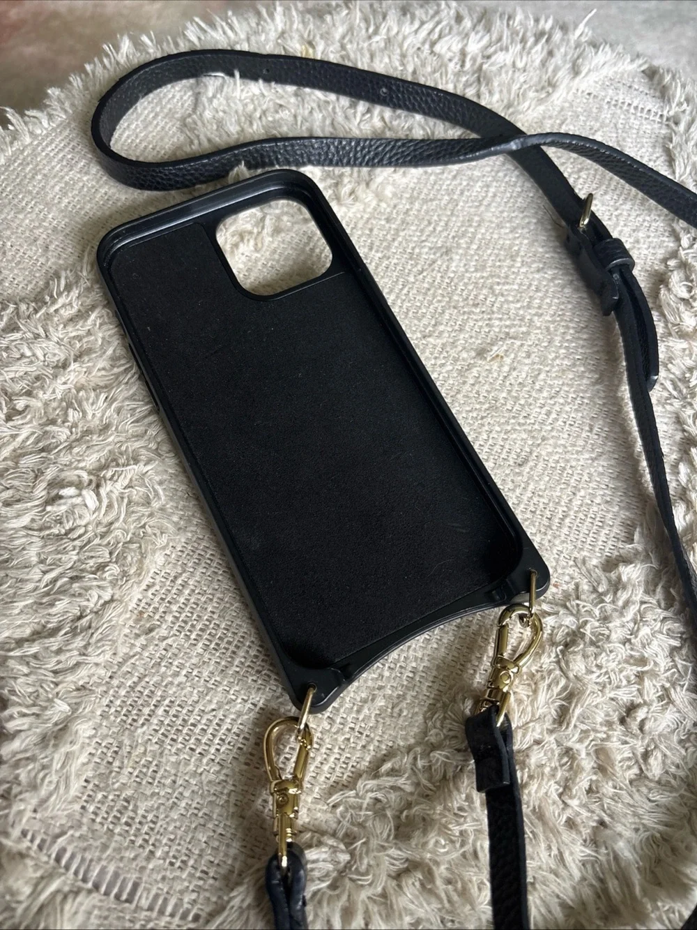 Bandolier Black Leather Crossbody Phone Wallet Gold Hardware iPhone 15 plus